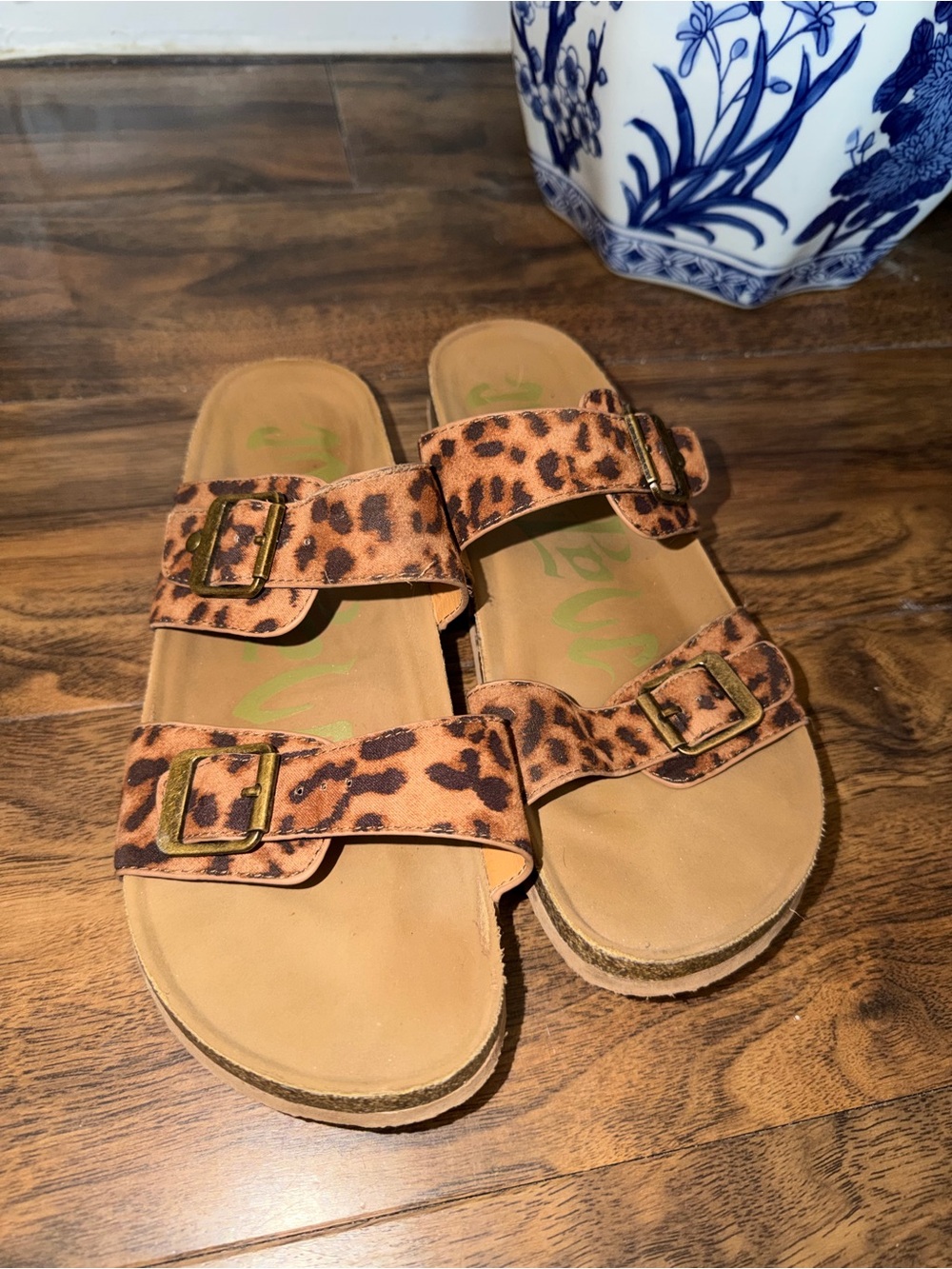 Mad Love Leopard Print Double Buckle Slide Sandals - Brown